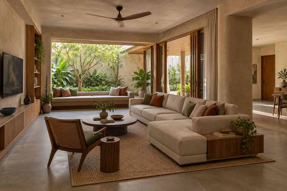 AI-generated living room design concept: courtyard corner lounge, earth and bamboo direction