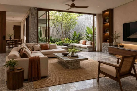 AI-generated living room design concept: courtyard corner lounge, granite precision direction