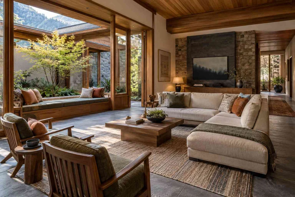 AI-generated living room design concept: courtyard corner lounge, hill timber direction
