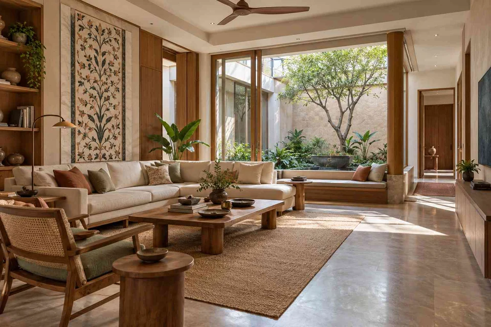 AI-generated living room design concept: courtyard corner lounge, inlay atelier direction