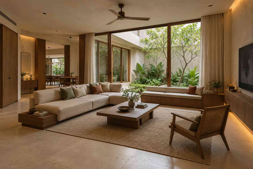 AI-generated living room design concept: courtyard corner lounge, lime and walnut direction