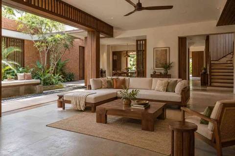 AI-generated living room design concept: courtyard corner lounge, malabar timber direction