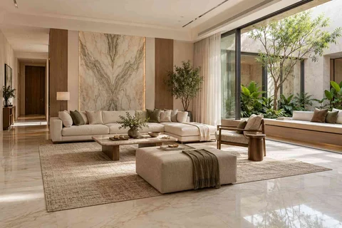 AI-generated living room design concept: courtyard corner lounge, marble restraint direction