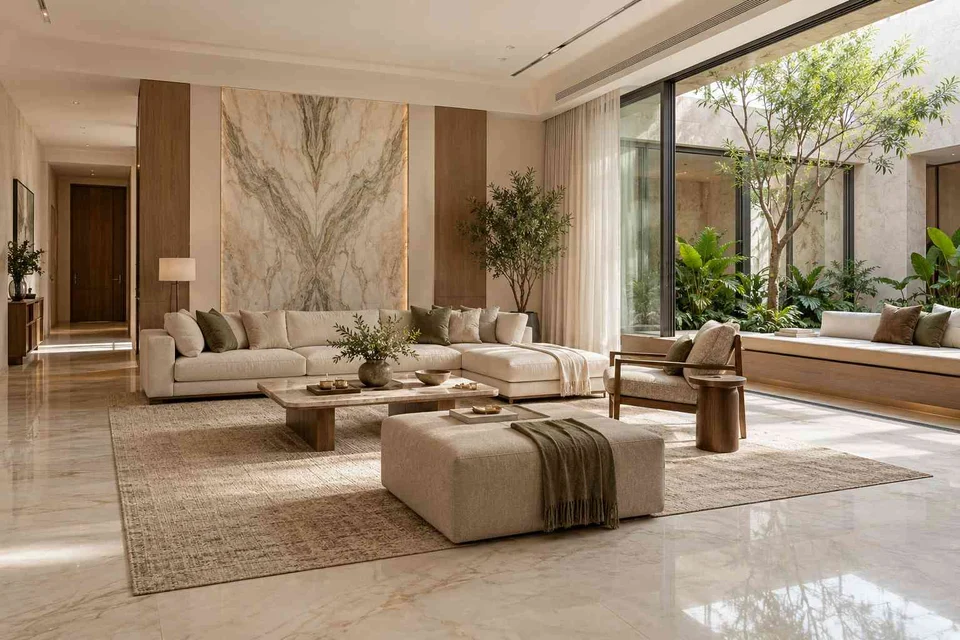 AI-generated living room design concept: courtyard corner lounge, marble restraint direction