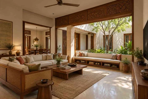 AI-generated living room design concept: courtyard corner lounge, modern carved direction