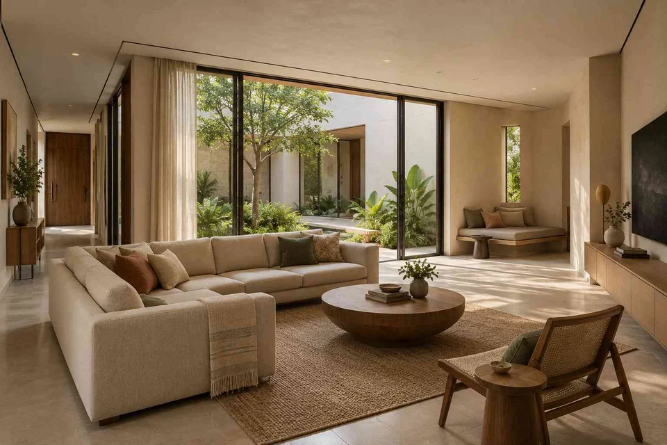 AI-generated living room design concept: courtyard corner lounge, quiet contemporary direction