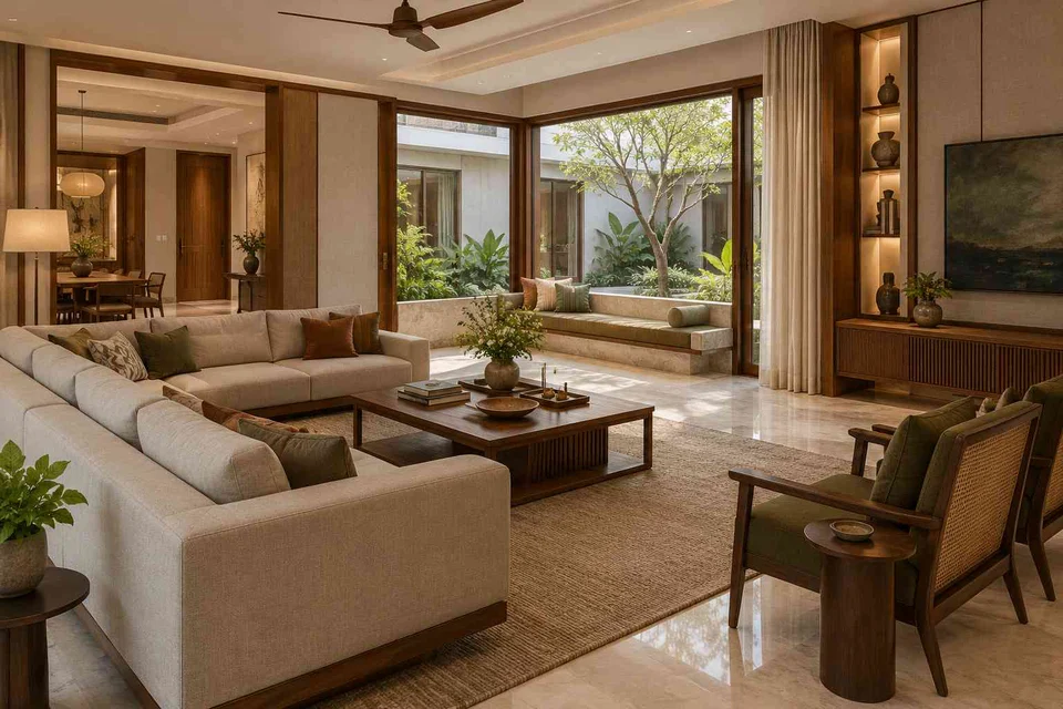 AI-generated living room design concept: courtyard corner lounge, quiet transitional direction