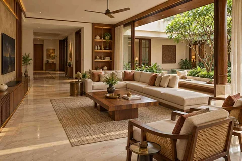 AI-generated living room design concept: courtyard corner lounge, rosewood brass direction