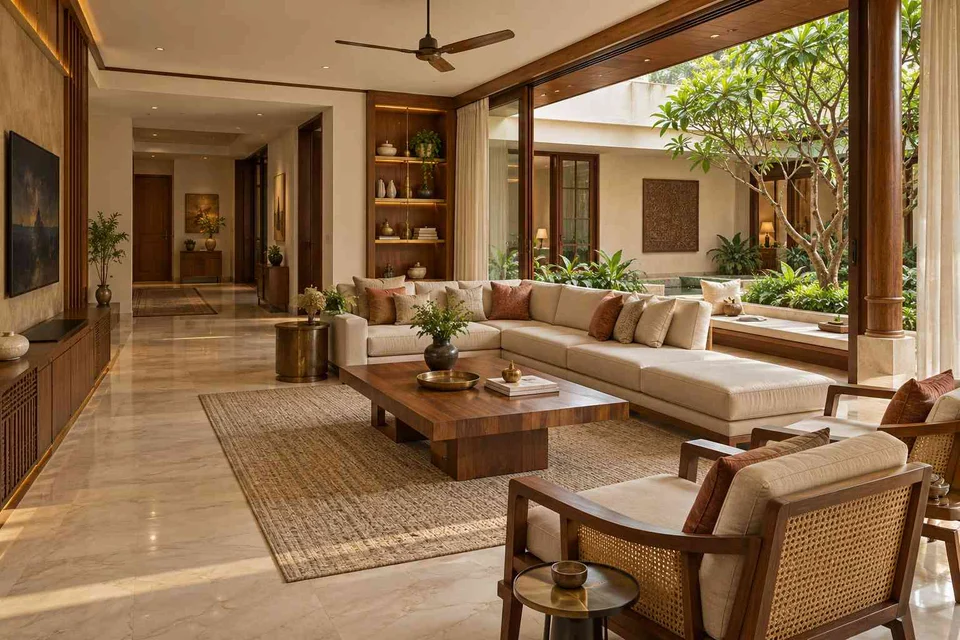AI-generated living room design concept: courtyard corner lounge, rosewood brass direction