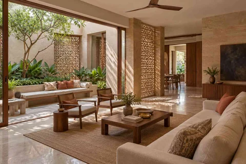 AI-generated living room design concept: courtyard corner lounge, sandstone lattice direction