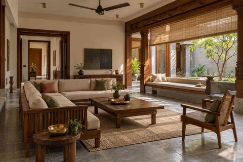 AI-generated living room design concept: courtyard corner lounge, teak craft direction