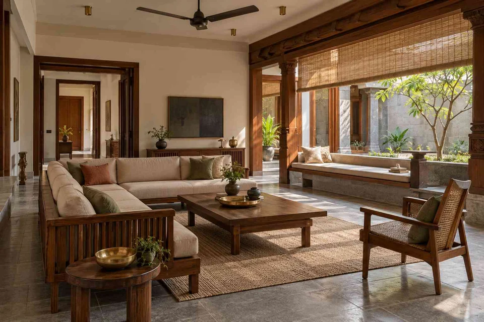 AI-generated living room design concept: courtyard corner lounge, teak craft direction