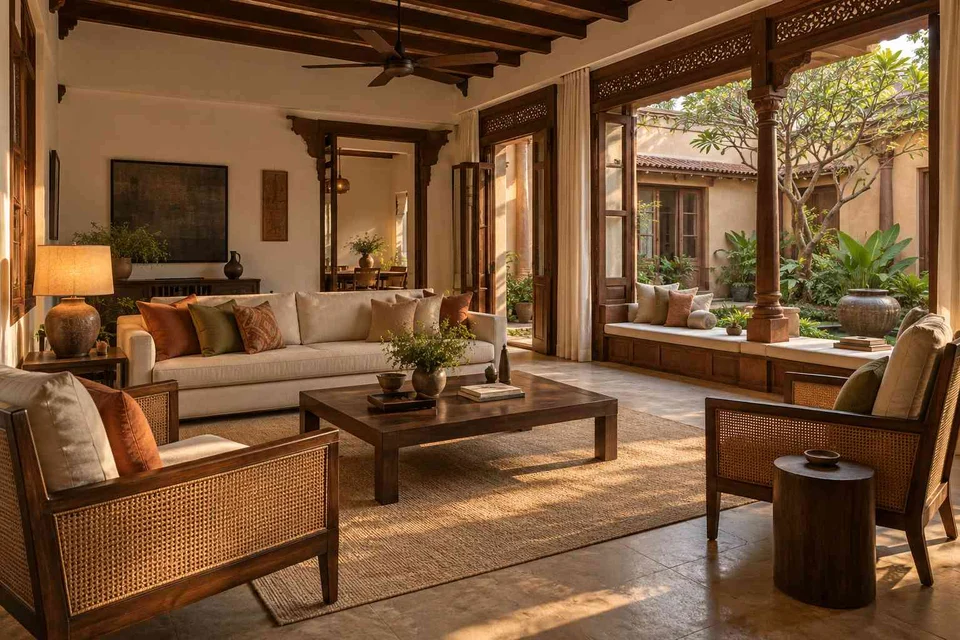 AI-generated living room design concept: courtyard corner lounge, terracotta heritage direction