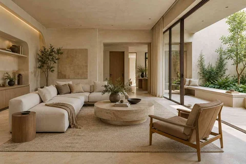 AI-generated living room design concept: courtyard corner lounge, textured mineral direction