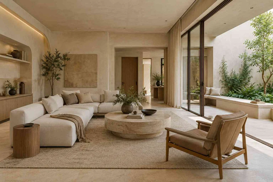 AI-generated living room design concept: courtyard corner lounge, textured mineral direction