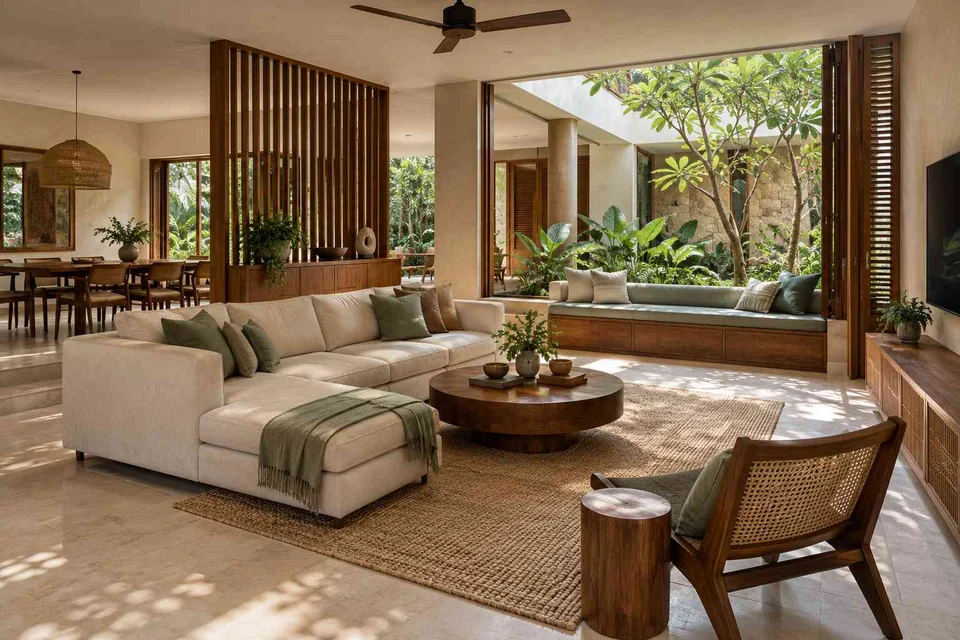 AI-generated living room design concept: courtyard corner lounge, tropical slatted direction