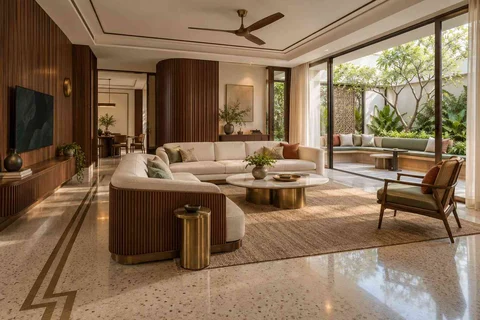 AI-generated living room design concept: courtyard corner lounge, urban deco direction