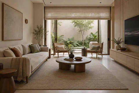 AI-generated living room design concept: courtyard-side lounge, ash and linen direction