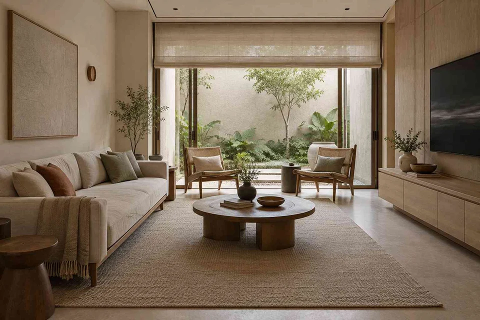AI-generated living room design concept: courtyard-side lounge, ash and linen direction