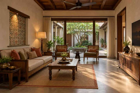 AI-generated living room design concept: courtyard-side lounge, chettinad tile direction