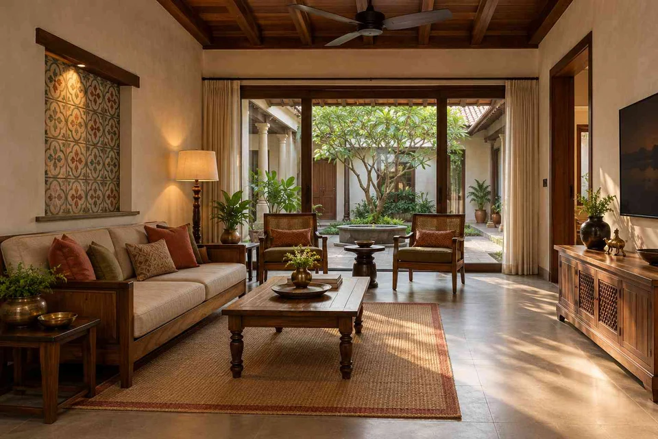 AI-generated living room design concept: courtyard-side lounge, chettinad tile direction