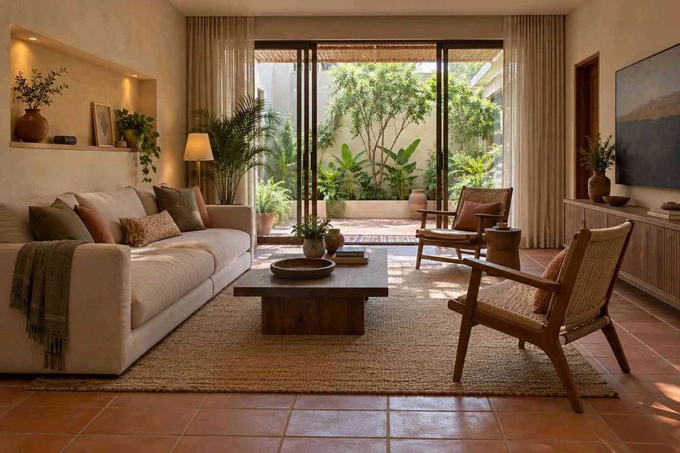 AI-generated living room design concept: courtyard-side lounge, clay artisan direction