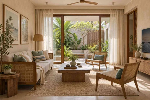 AI-generated living room design concept: courtyard-side lounge, coastal woven direction