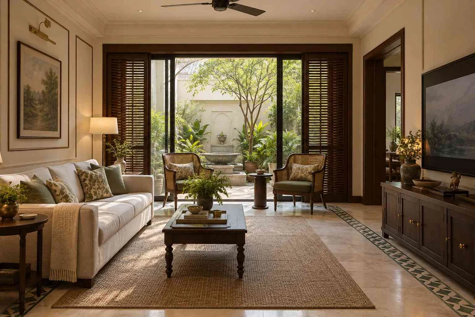AI-generated living room design concept: courtyard-side lounge, colonial quiet direction