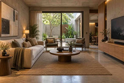 AI-generated living room design concept: courtyard-side lounge, concrete and oak direction