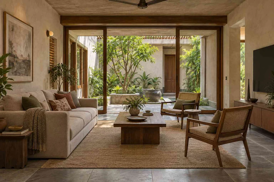 AI-generated living room design concept: courtyard-side lounge, courtyard modern direction