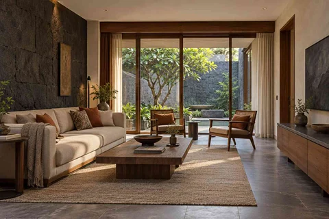AI-generated living room design concept: courtyard-side lounge, deccan stone direction