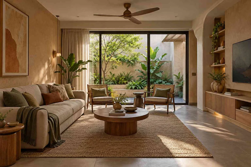 AI-generated living room design concept: courtyard-side lounge, earth and bamboo direction