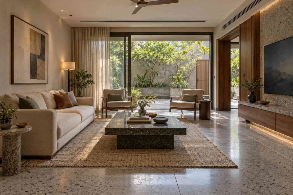 AI-generated living room design concept: courtyard-side lounge, granite precision direction