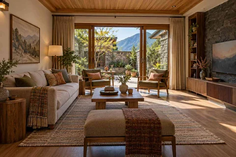 AI-generated living room design concept: courtyard-side lounge, hill timber direction