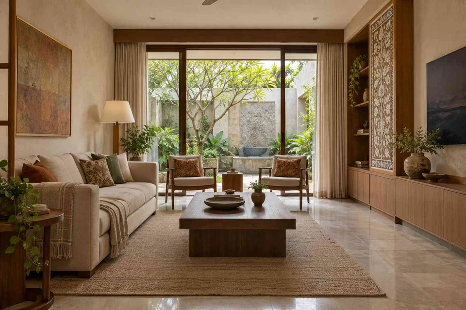 AI-generated living room design concept: courtyard-side lounge, inlay atelier direction