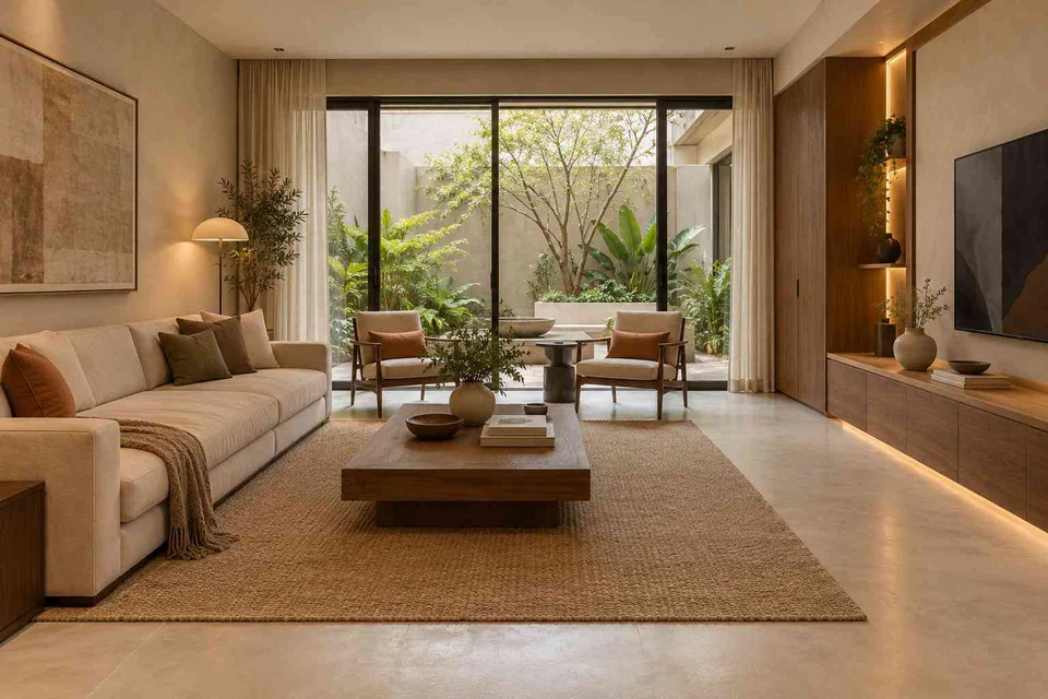 AI-generated living room design concept: courtyard-side lounge, lime and walnut direction