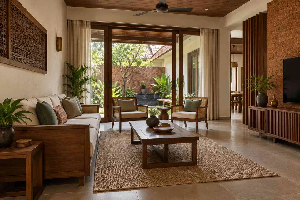 AI-generated living room design concept: courtyard-side lounge, malabar timber direction