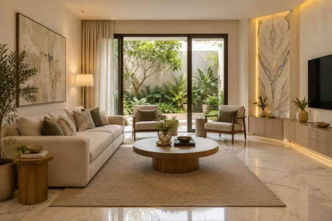 AI-generated living room design concept: courtyard-side lounge, marble restraint direction