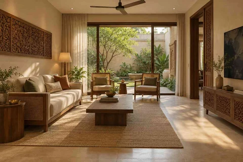 AI-generated living room design concept: courtyard-side lounge, modern carved direction