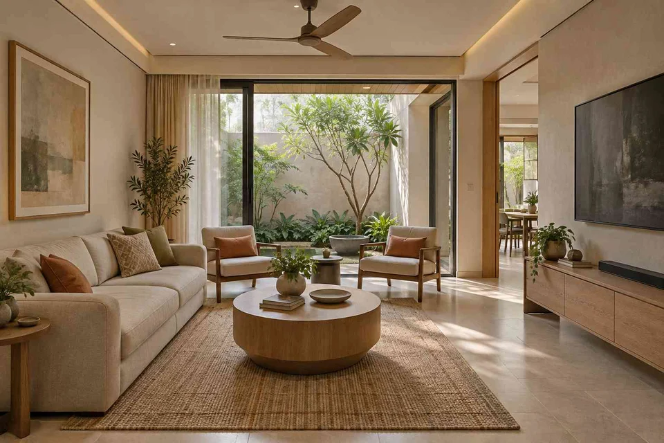 AI-generated living room design concept: courtyard-side lounge, quiet contemporary direction