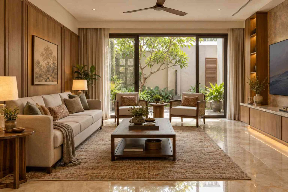 AI-generated living room design concept: courtyard-side lounge, quiet transitional direction