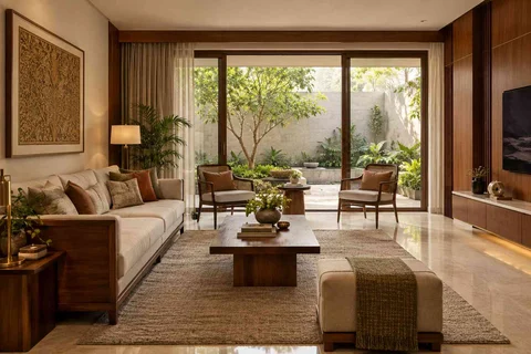 AI-generated living room design concept: courtyard-side lounge, rosewood brass direction