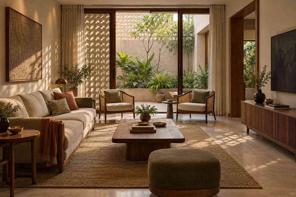 AI-generated living room design concept: courtyard-side lounge, sandstone lattice direction
