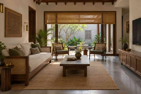AI-generated living room design concept: courtyard-side lounge, teak craft direction