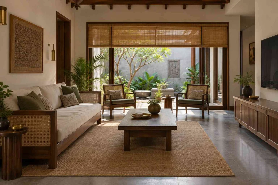AI-generated living room design concept: courtyard-side lounge, teak craft direction