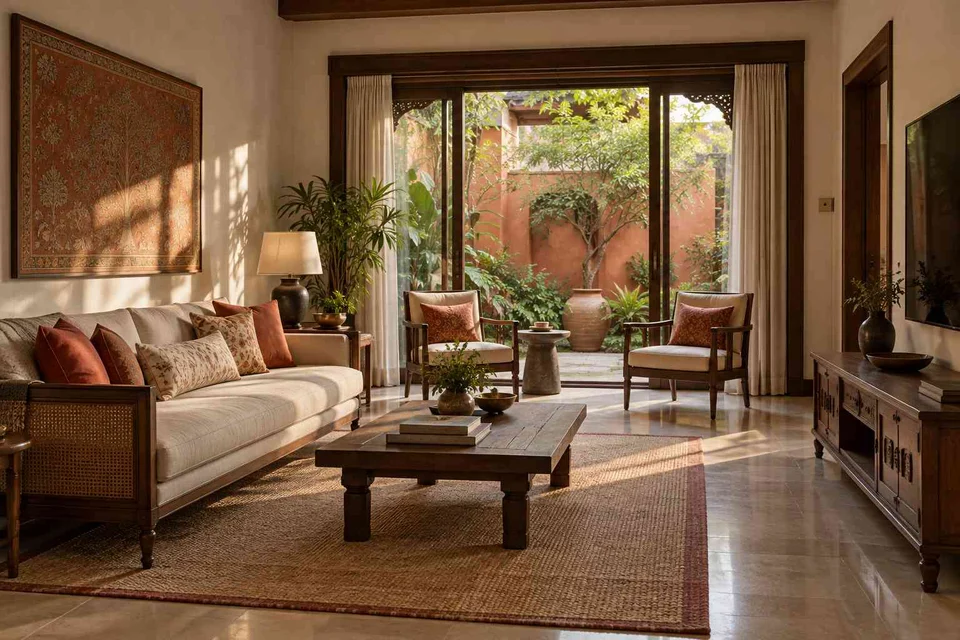 AI-generated living room design concept: courtyard-side lounge, terracotta heritage direction