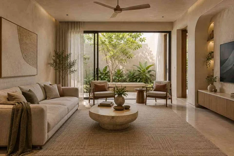 AI-generated living room design concept: courtyard-side lounge, textured mineral direction