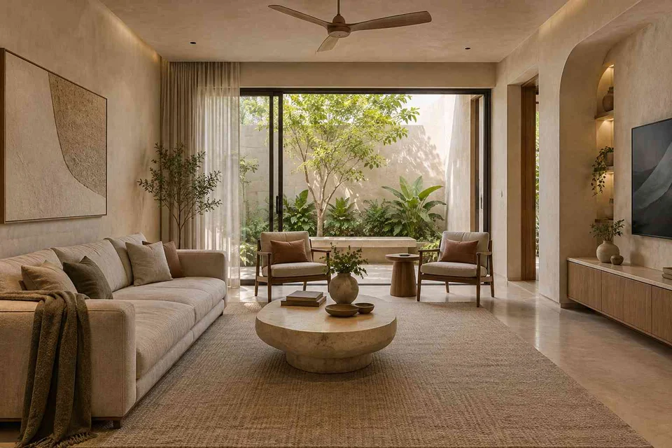 AI-generated living room design concept: courtyard-side lounge, textured mineral direction