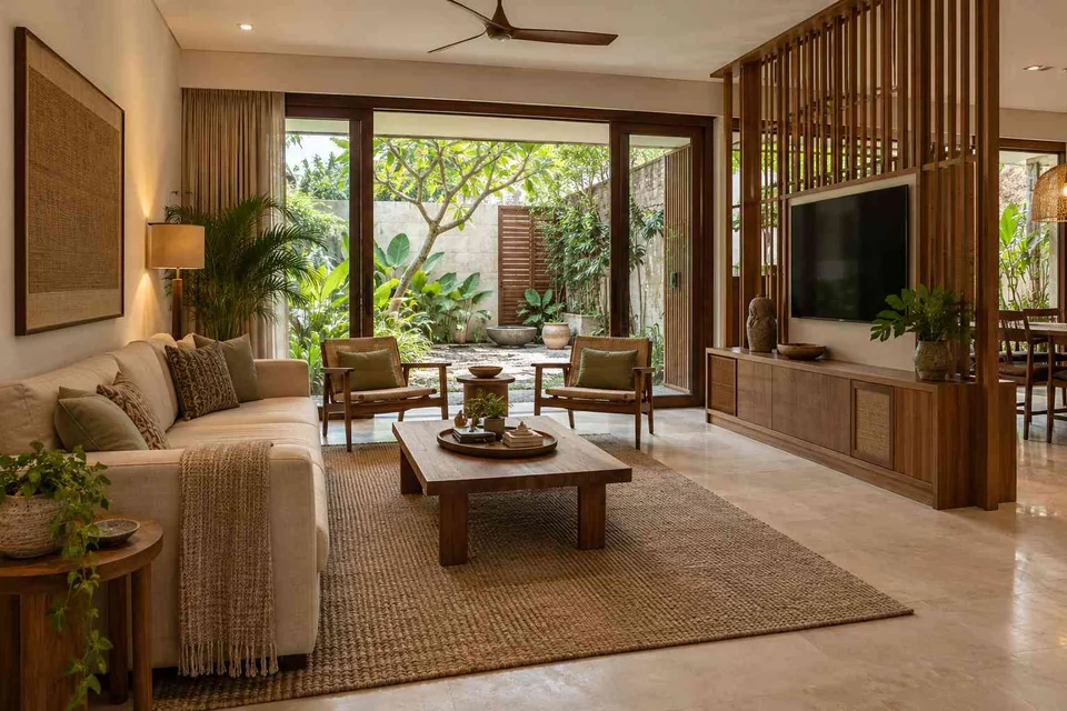 AI-generated living room design concept: courtyard-side lounge, tropical slatted direction