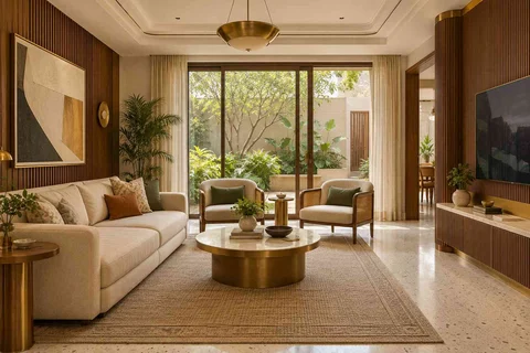 AI-generated living room design concept: courtyard-side lounge, urban deco direction